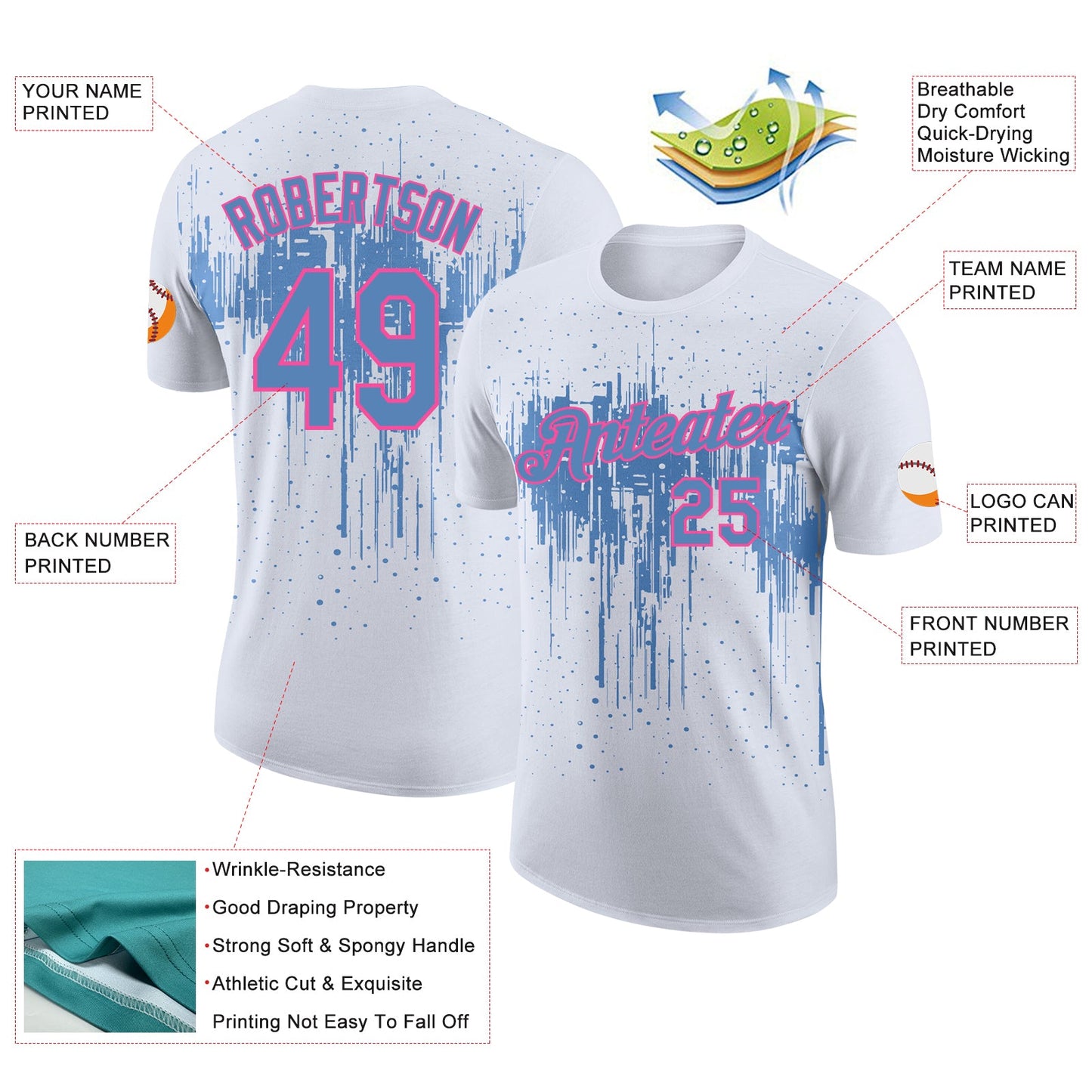 Custom White Light Blue-Pink Dripping Splatter Paint Performance T-Shirt