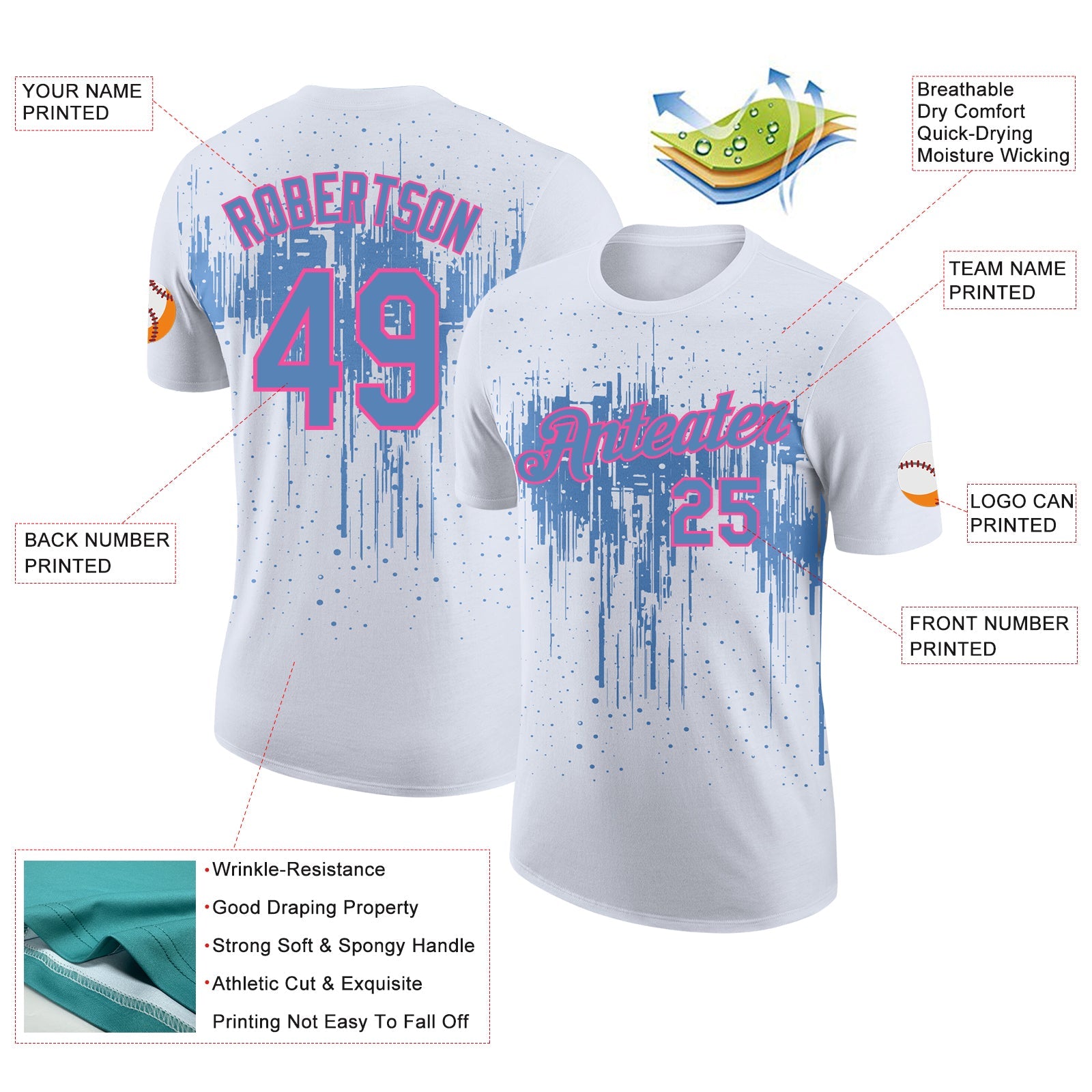 Custom White Light Blue-Pink Dripping Splatter Paint Performance T-Shirt