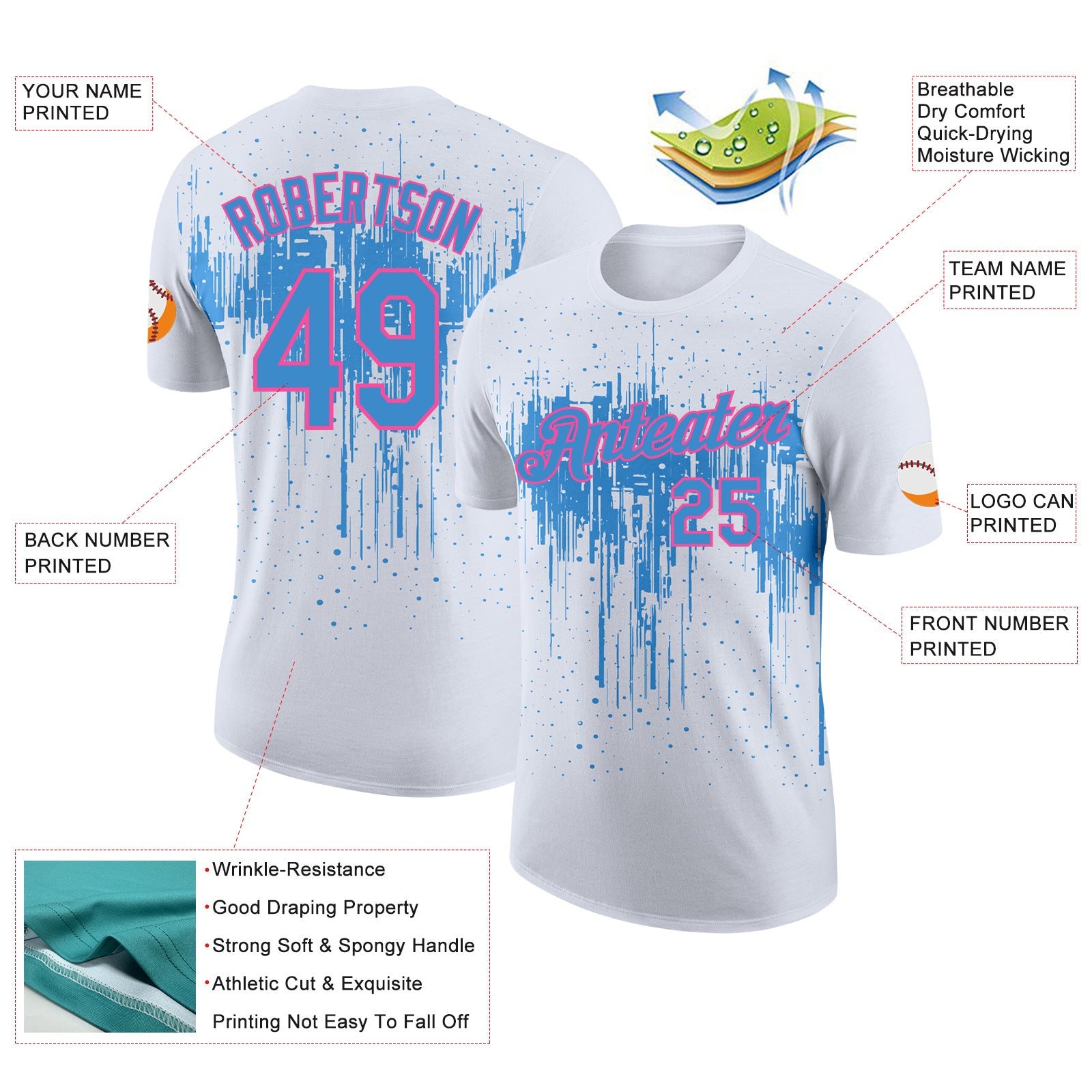 Custom White Powder Blue-Pink Dripping Splatter Paint Performance T-Shirt