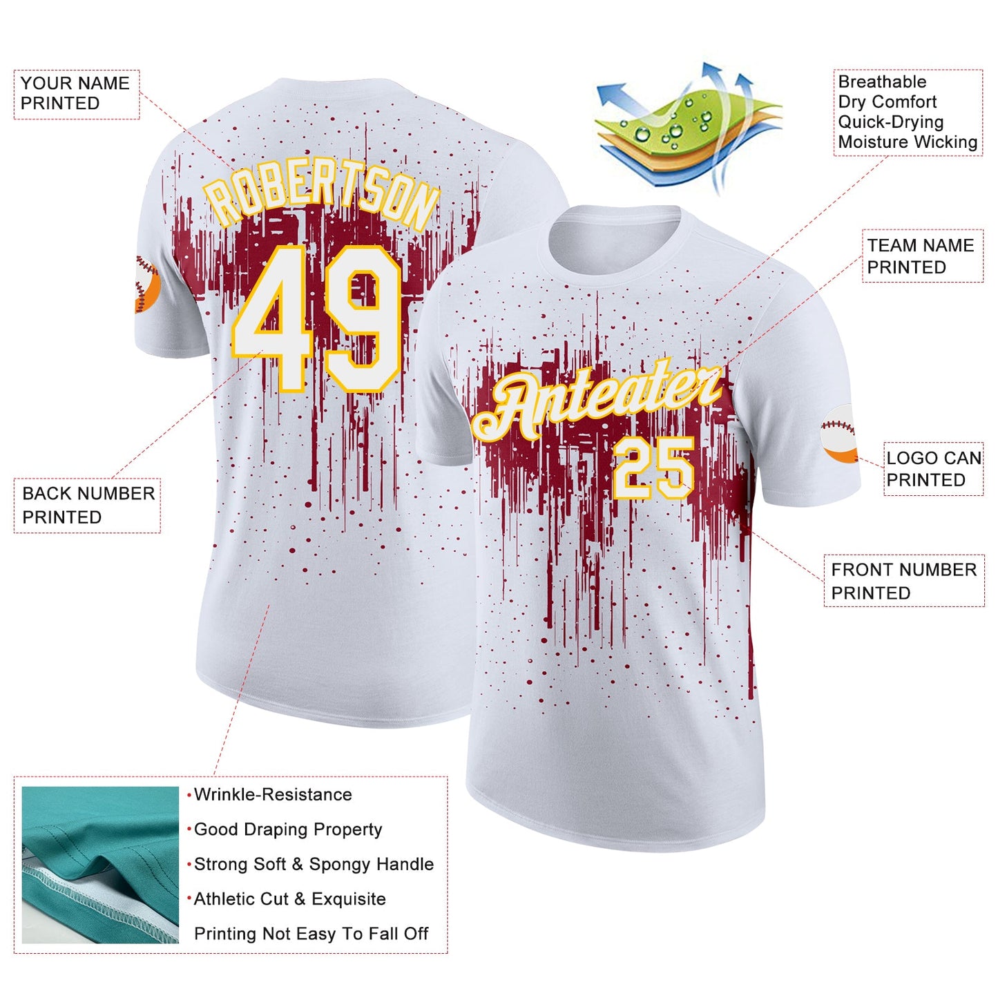 Custom White Crimson-Yellow Dripping Splatter Paint Performance T-Shirt