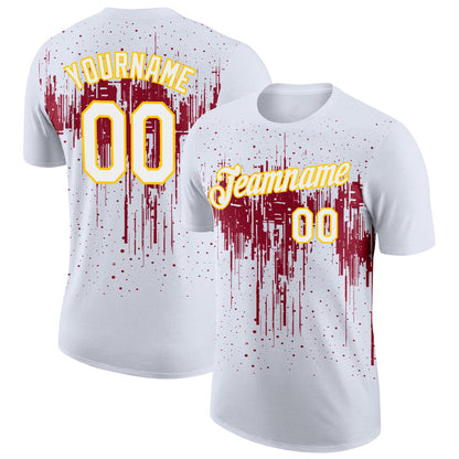 Custom White Crimson-Yellow Dripping Splatter Paint Performance T-Shirt