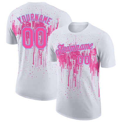 Custom White Pink-Light Blue Dripping Splatter Paint Performance T-Shirt