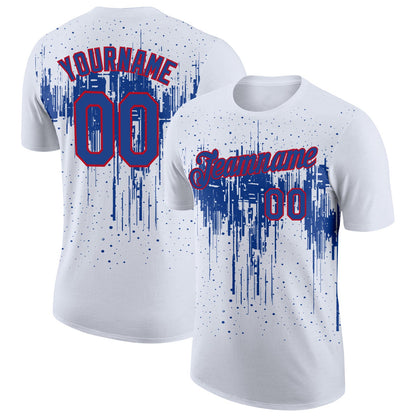 Custom White Royal-Red Dripping Splatter Paint Performance T-Shirt