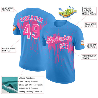 Custom Powder Blue Pink-White Dripping Splatter Paint Performance T-Shirt