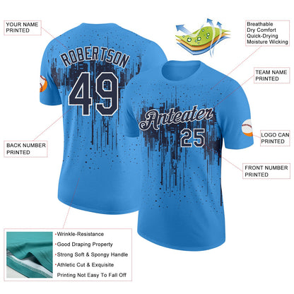 Custom Powder Blue Navy-White Dripping Splatter Paint Performance T-Shirt
