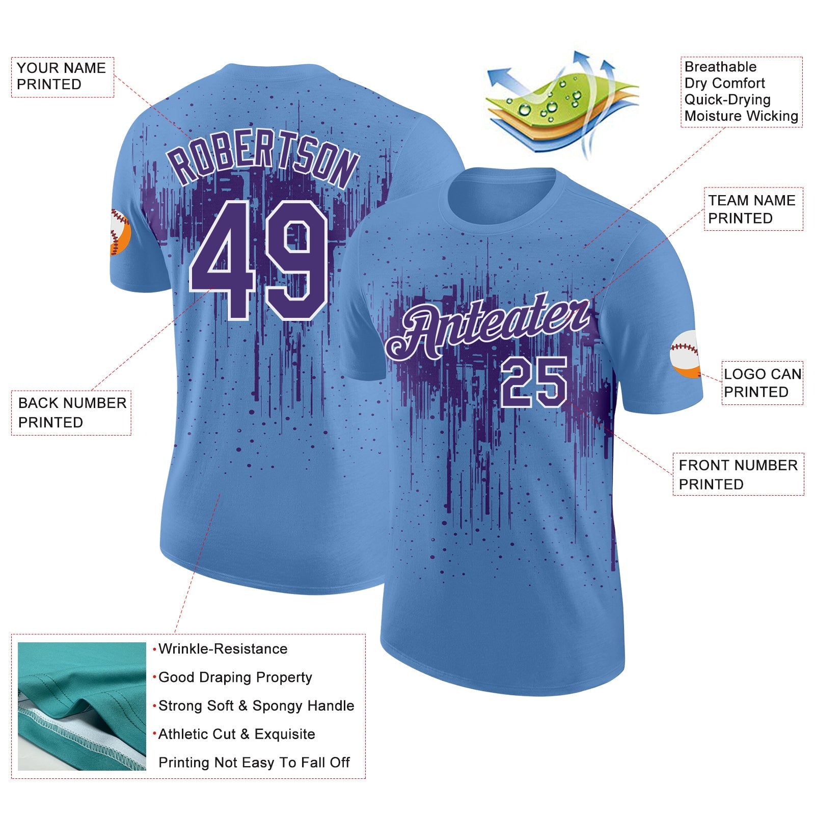 Custom Light Blue Purple-White Dripping Splatter Paint Performance T-Shirt