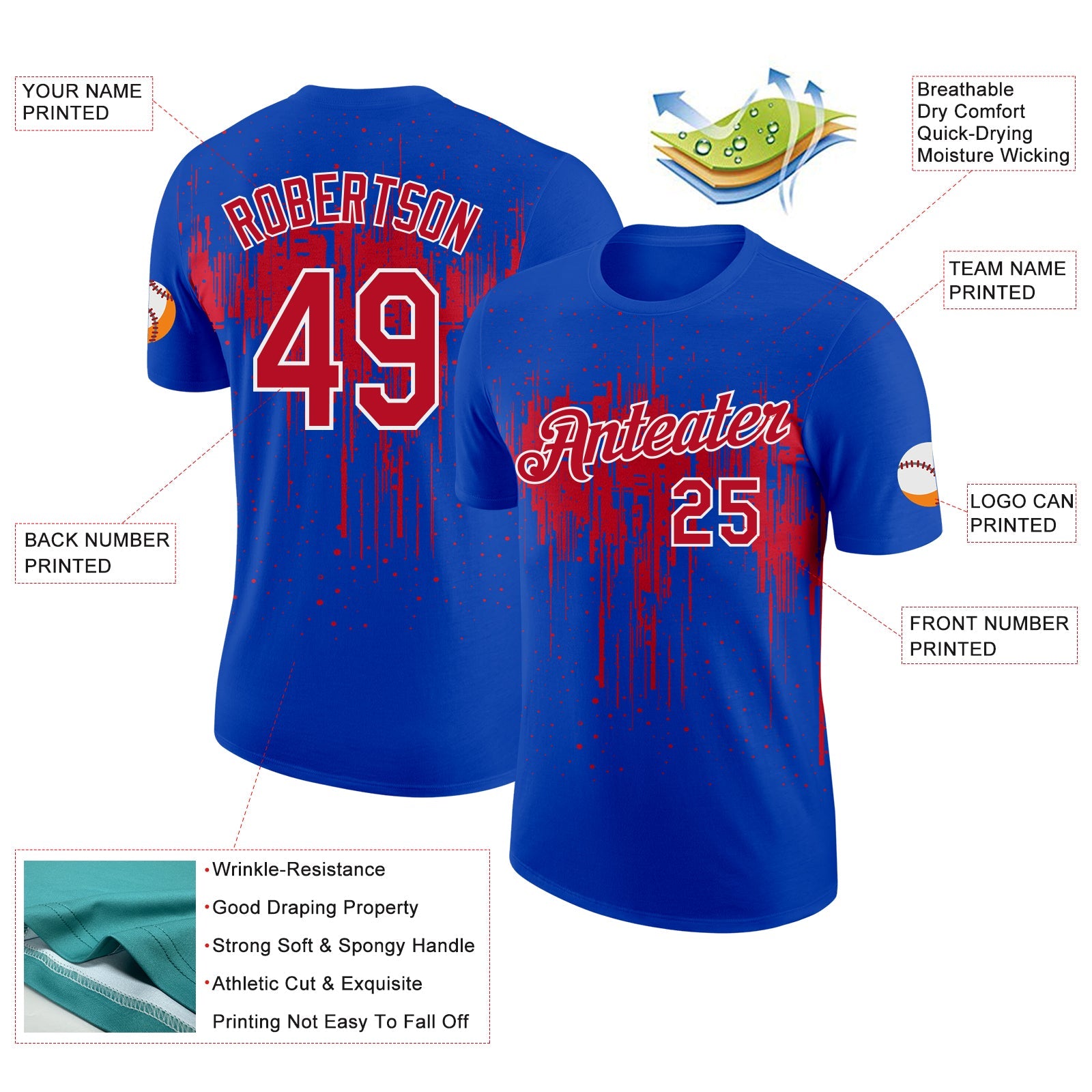 Custom Thunder Blue Red-White Dripping Splatter Paint Performance T-Shirt