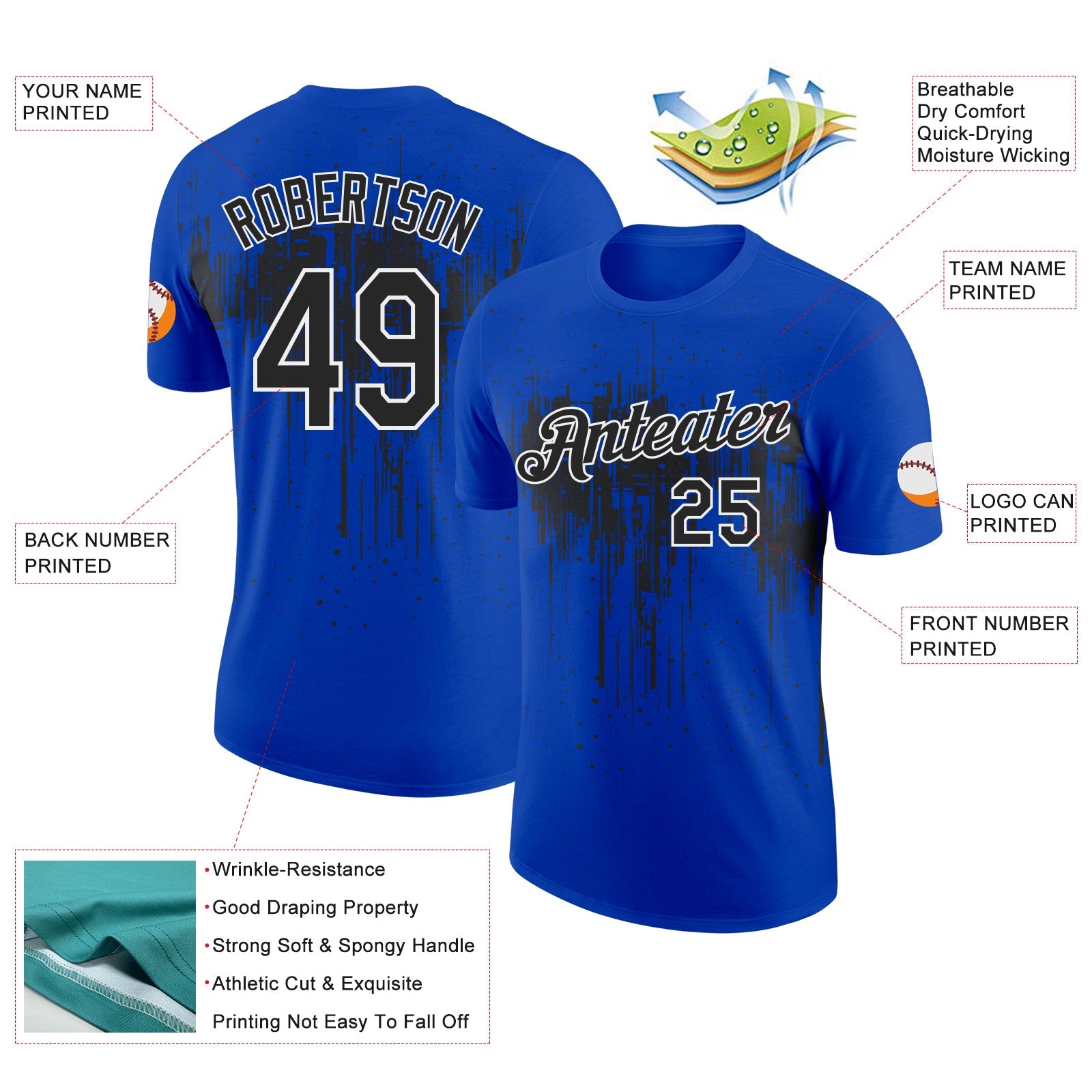 Custom Thunder Blue Black-White Dripping Splatter Paint Performance T-Shirt