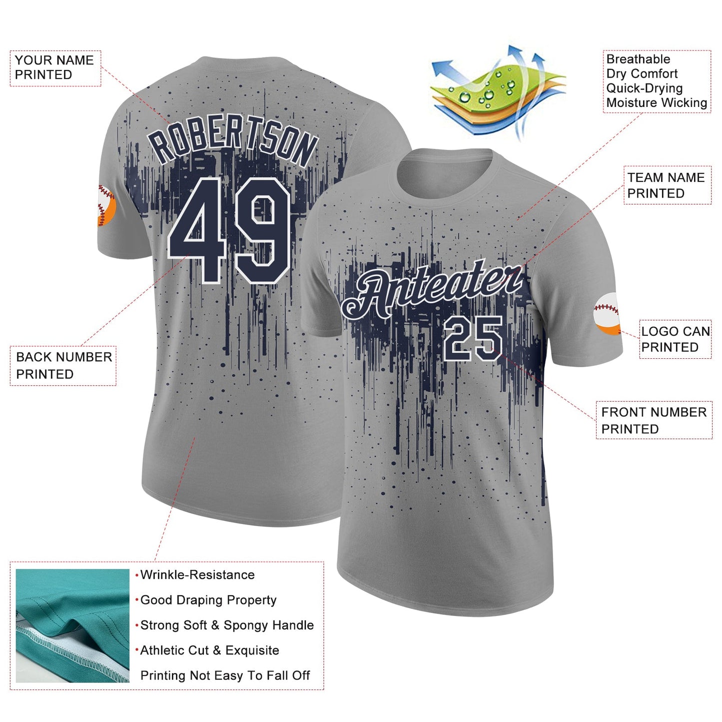 Custom Gray Navy-White Dripping Splatter Paint Performance T-Shirt