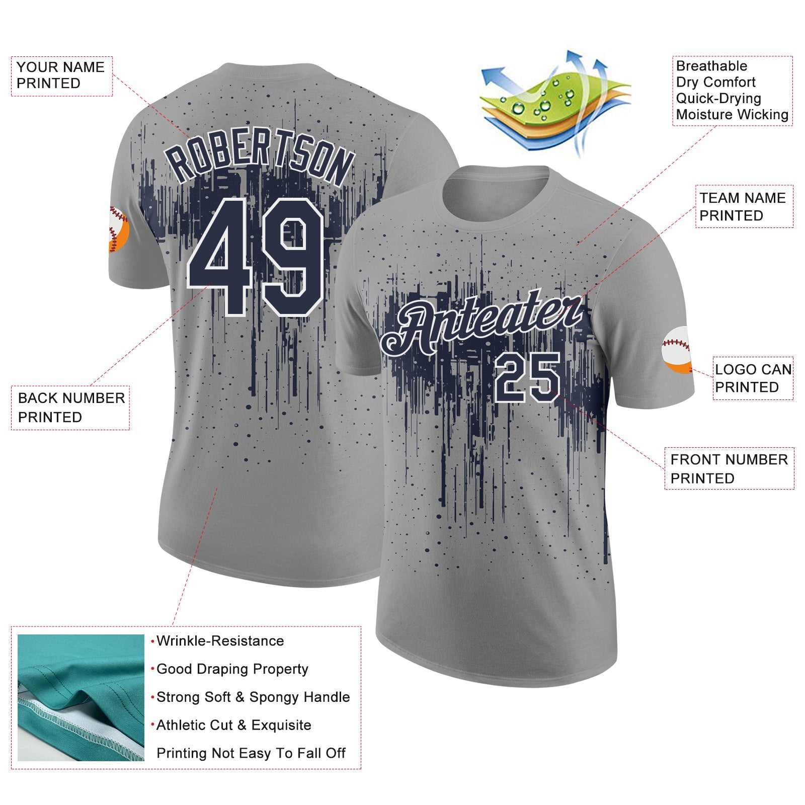 Custom Gray Navy-White Dripping Splatter Paint Performance T-Shirt