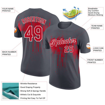 Custom Steel Gray Red-White Dripping Splatter Paint Performance T-Shirt