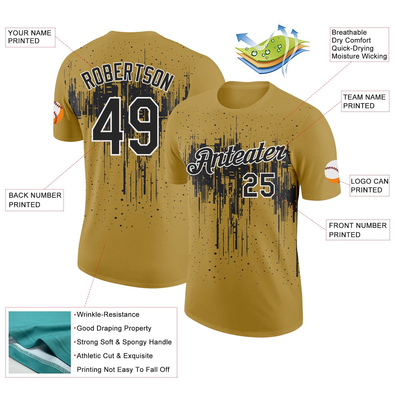 Custom Old Gold Black-White Dripping Splatter Paint Performance T-Shirt