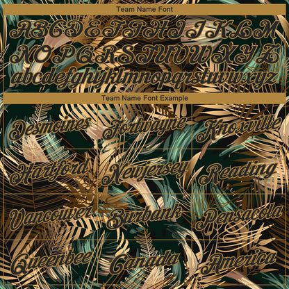 Custom Black Old Gold 3D Pattern Design Golden And Green Tropical Leaves In The Style Of Jungle And Hawaii Performance T-Shirt
