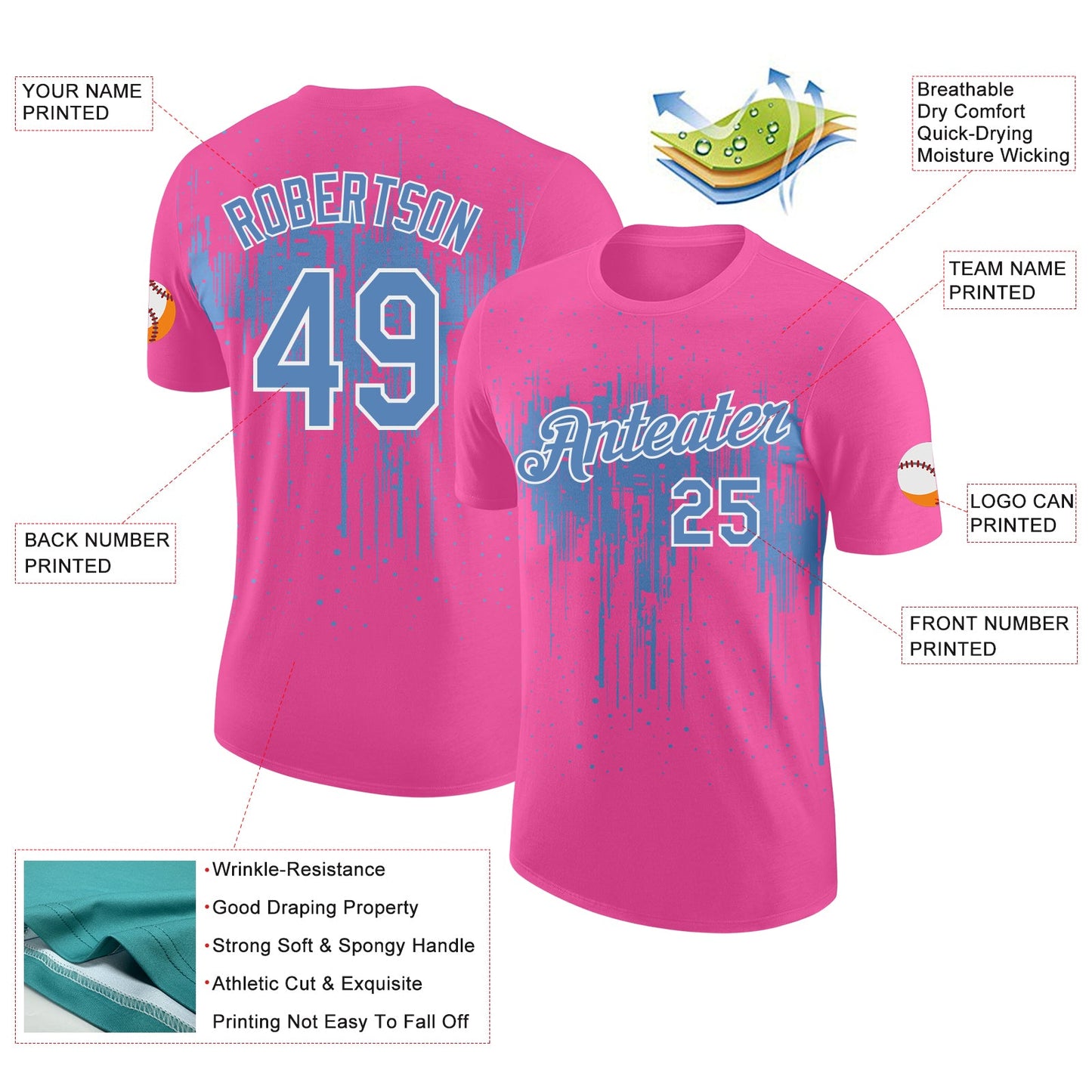 Custom Pink Light Blue-White Dripping Splatter Paint Performance T-Shirt