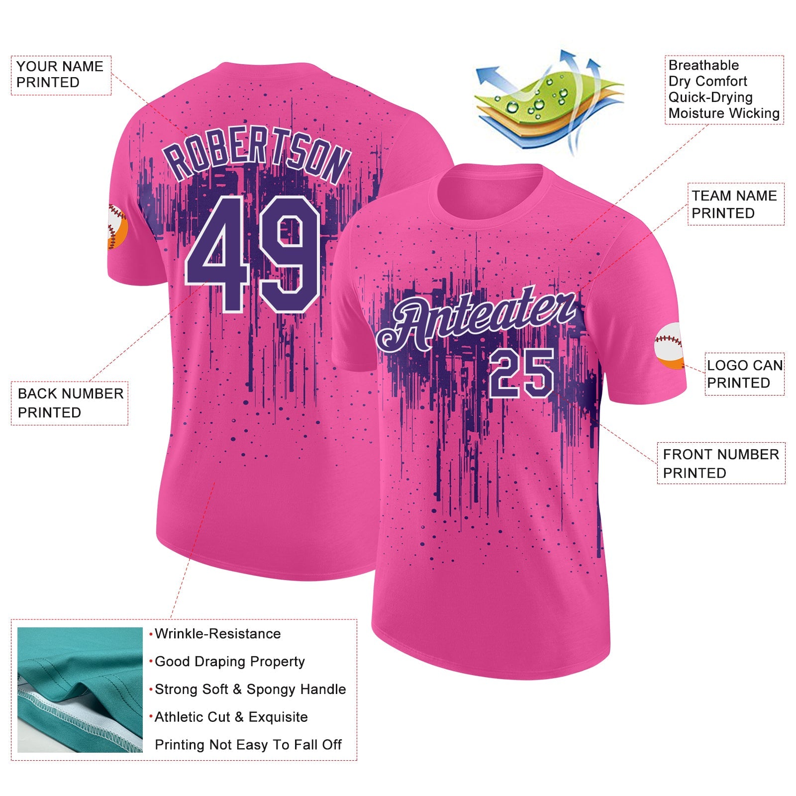 Custom Pink Purple-White Dripping Splatter Paint Performance T-Shirt