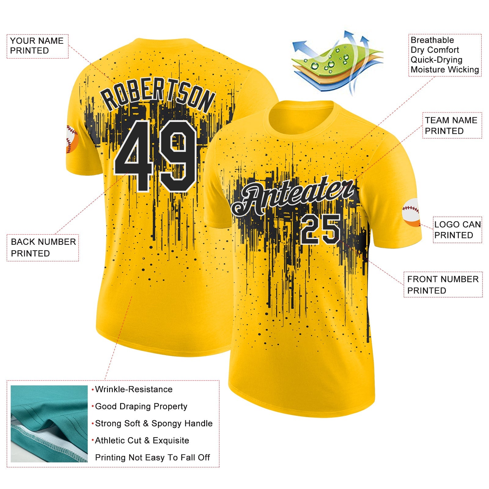 Custom Yellow Black-White Dripping Splatter Paint Performance T-Shirt