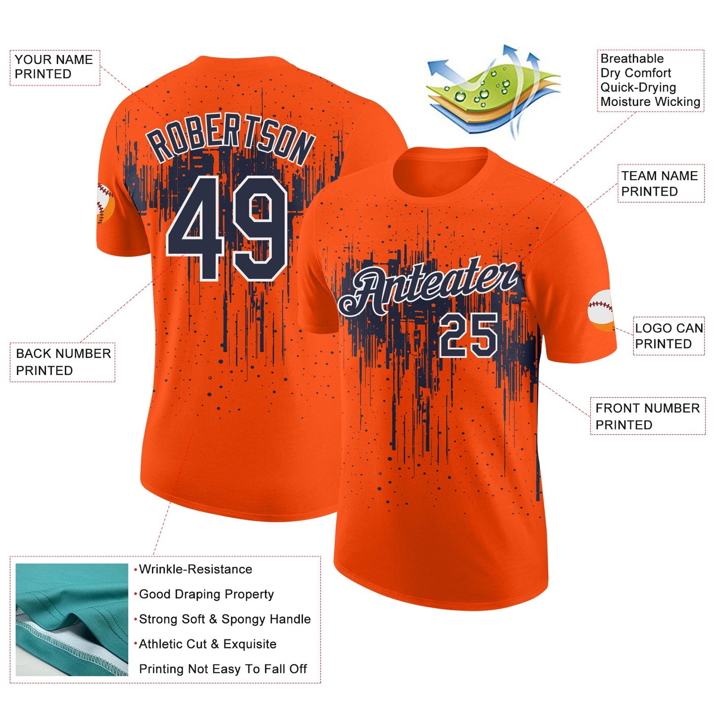 Custom Orange Navy-White Dripping Splatter Paint Performance T-Shirt