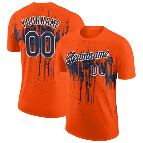 Custom Orange Navy-White Dripping Splatter Paint Performance T-Shirt