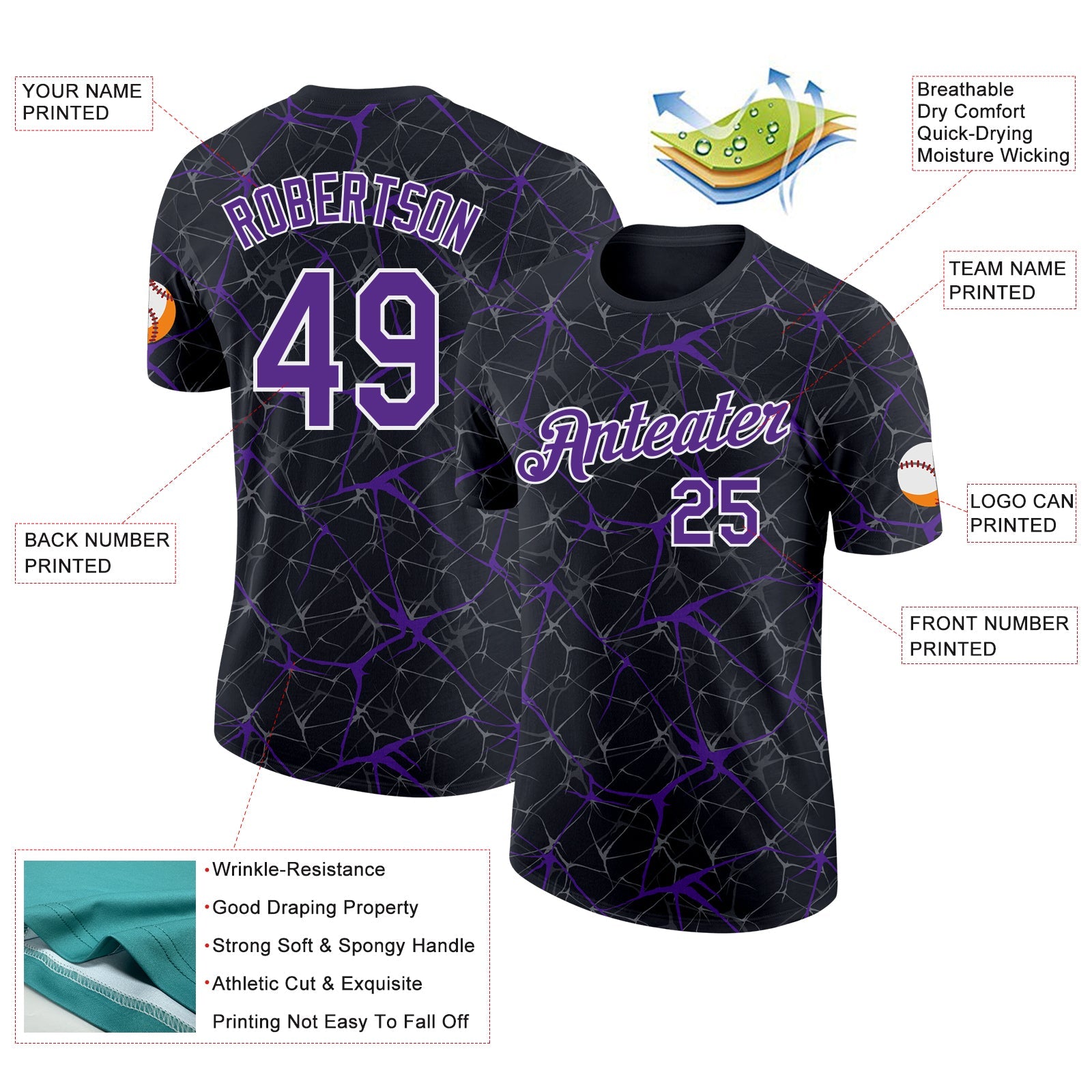 Custom Black Purple Gray-White Abstract Network Crackle Performance T-Shirt