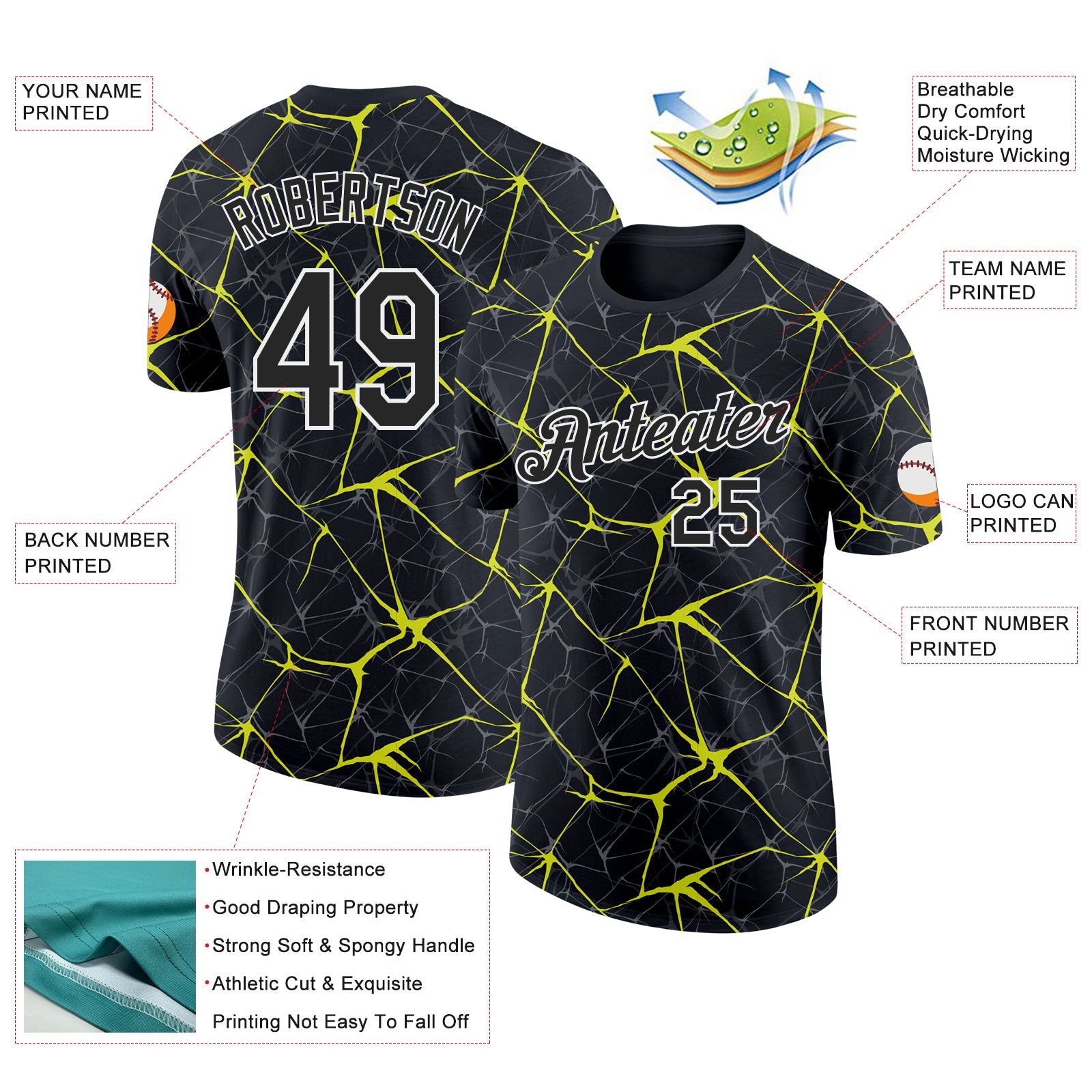 Custom Black Neon Yellow Gray-White Abstract Network Crackle Performance T-Shirt
