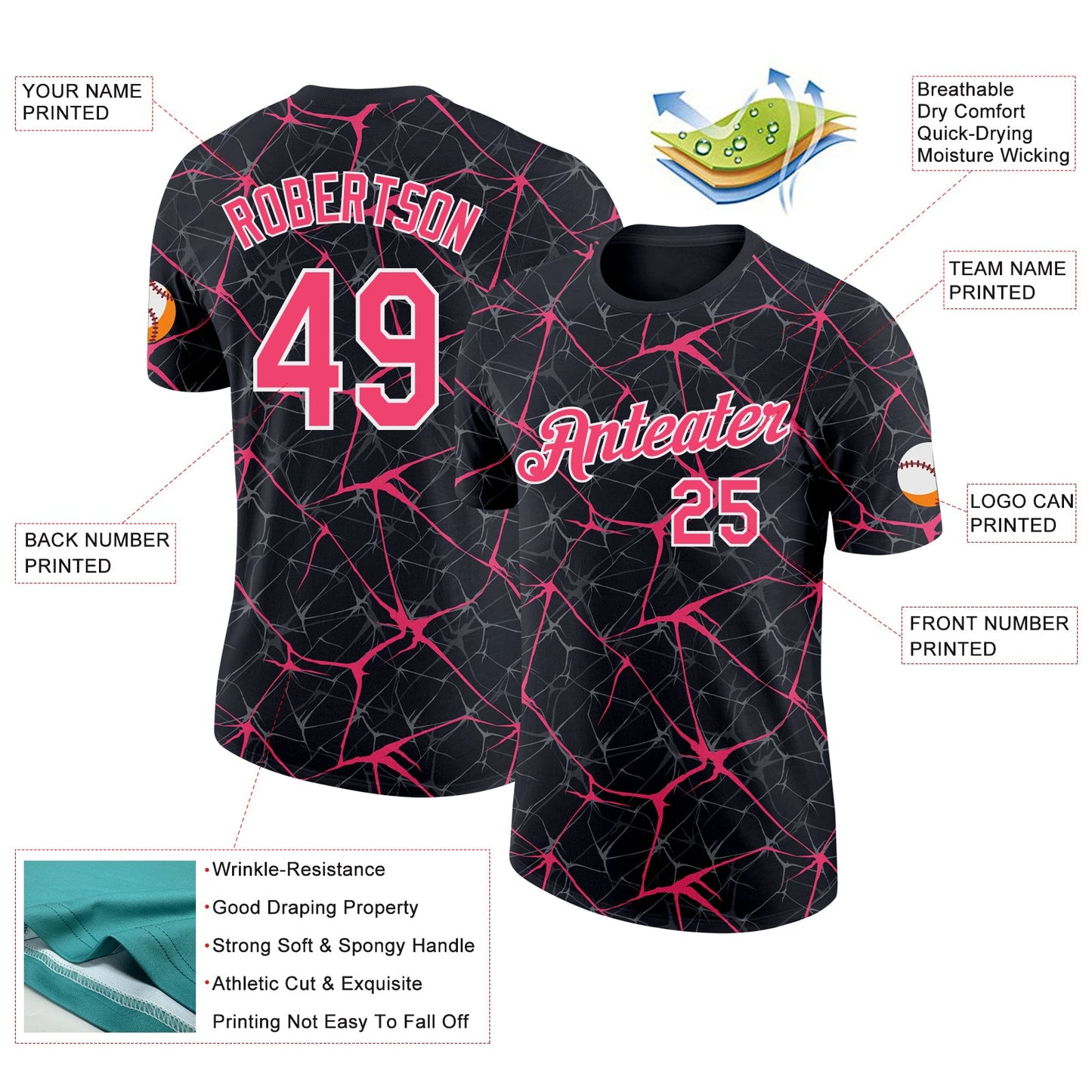 Custom Black Neon Pink Gray-White Abstract Network Crackle Performance T-Shirt