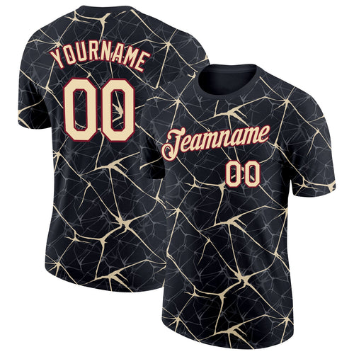 Custom Black Cream Gray-Crimson Abstract Network Crackle Performance T-Shirt