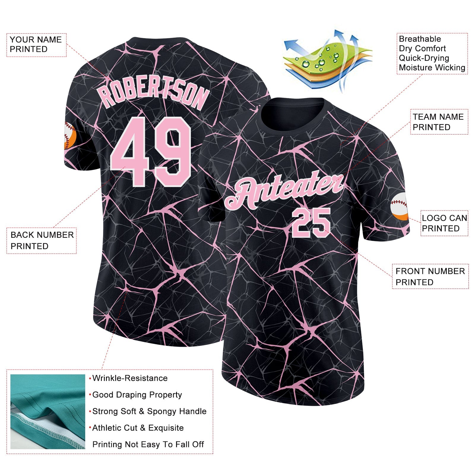 Custom Black Light Pink Gray-White Abstract Network Crackle Performance T-Shirt