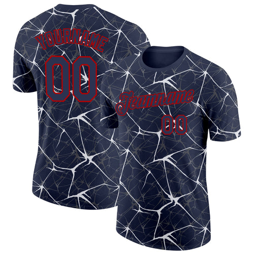 Custom Navy White Gray-Red Abstract Network Crackle Performance T-Shirt