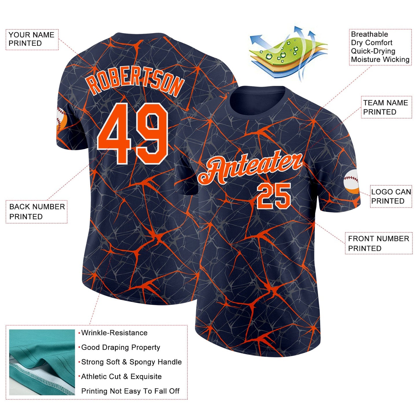 Custom Navy Orange Gray-White Abstract Network Crackle Performance T-Shirt