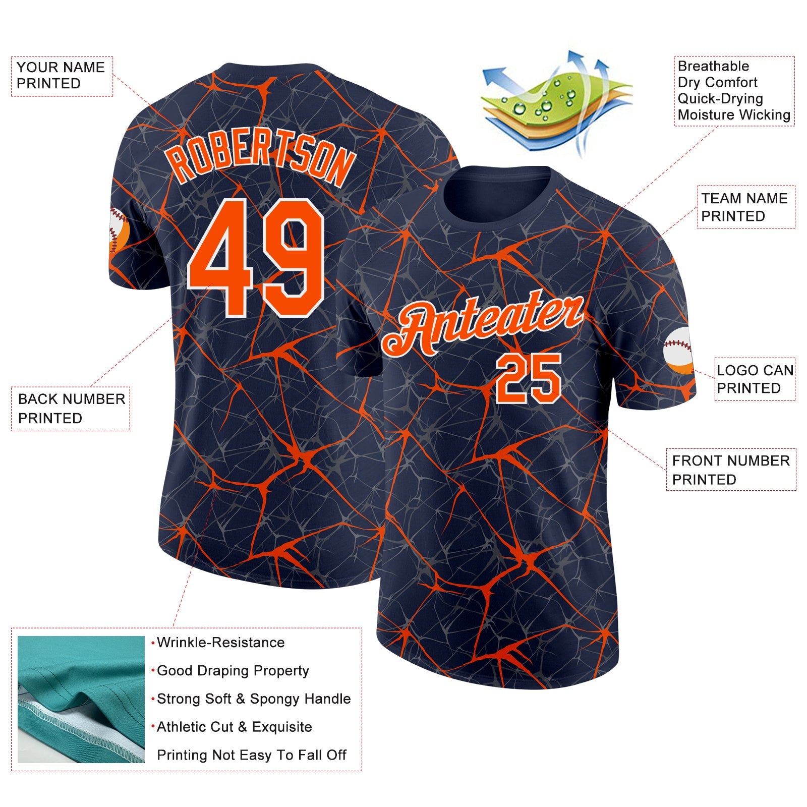 Custom Navy Orange Gray-White Abstract Network Crackle Performance T-Shirt