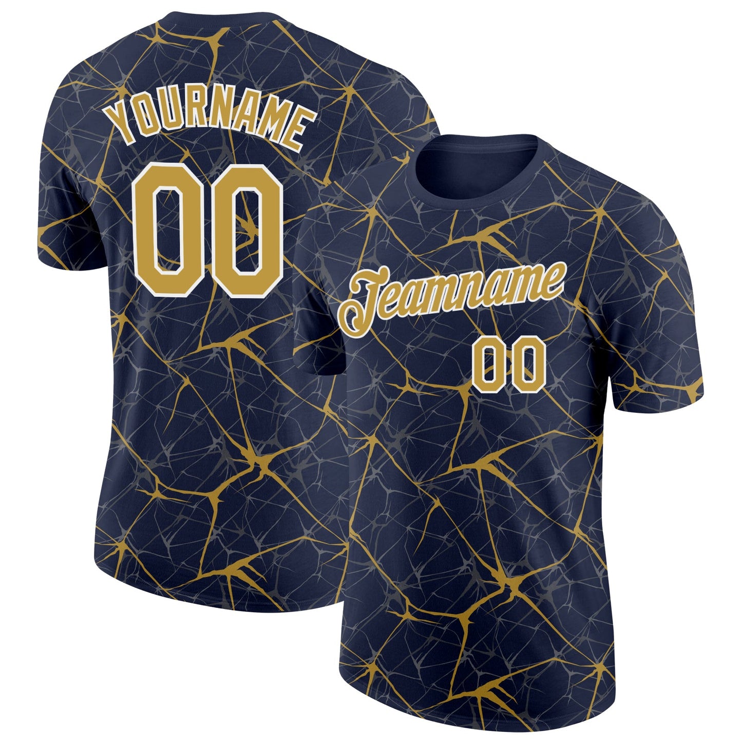 Custom Navy Old Gold Gray-White Abstract Network Crackle Performance T-Shirt