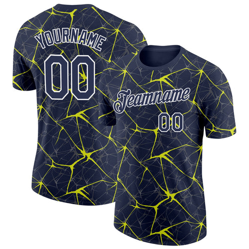Custom Navy Neon Yellow Gray-White Abstract Network Crackle Performance T-Shirt