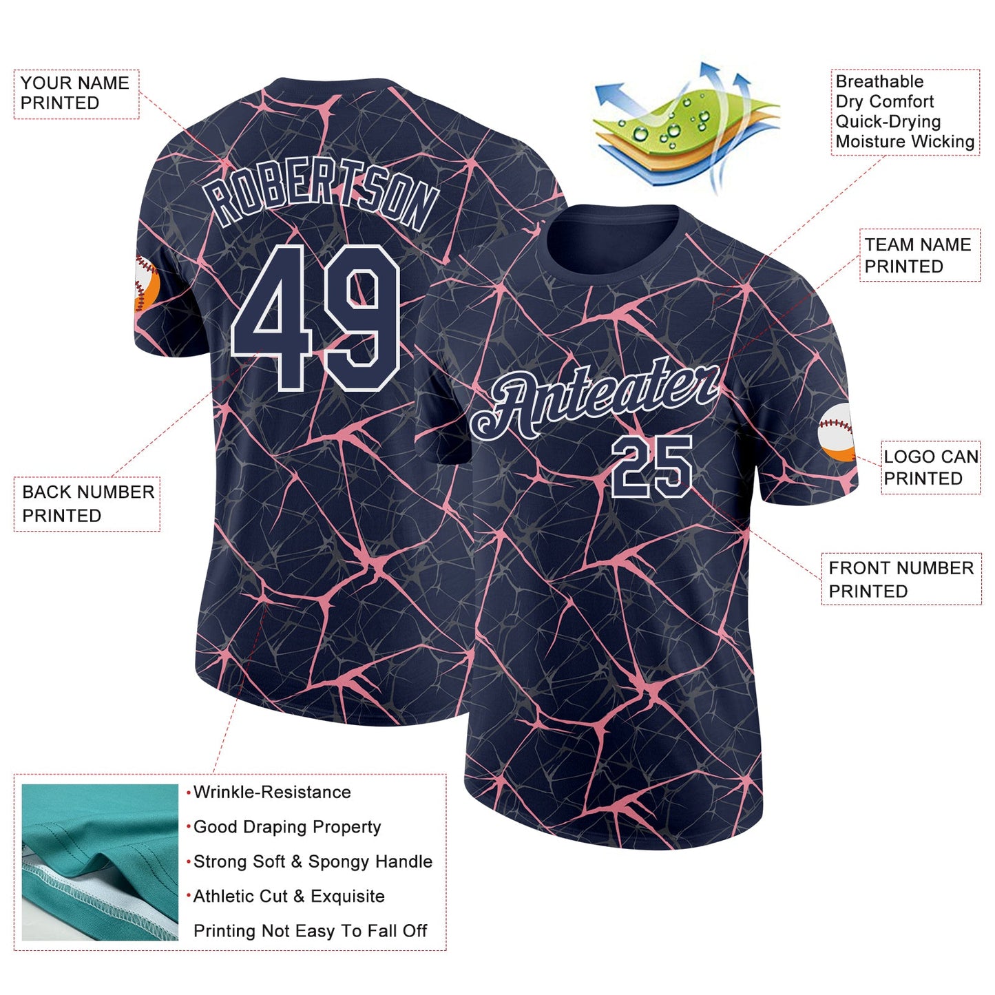 Custom Navy Medium Pink Gray-White Abstract Network Crackle Performance T-Shirt