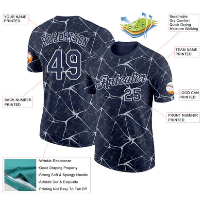 Custom Navy Silver Gray-White Abstract Network Crackle Performance T-Shirt
