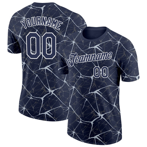 Custom Navy Silver Gray-White Abstract Network Crackle Performance T-Shirt