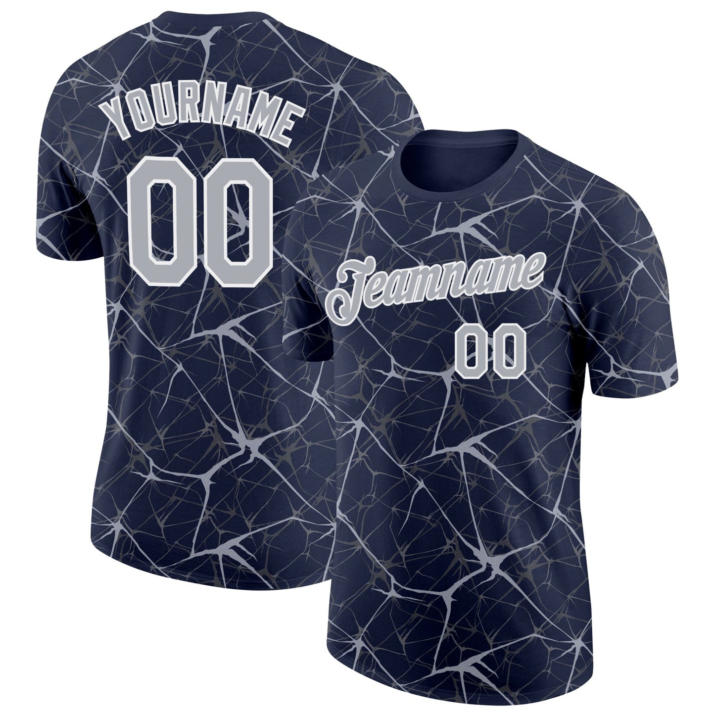 Custom Navy Gray-White Abstract Network Crackle Performance T-Shirt
