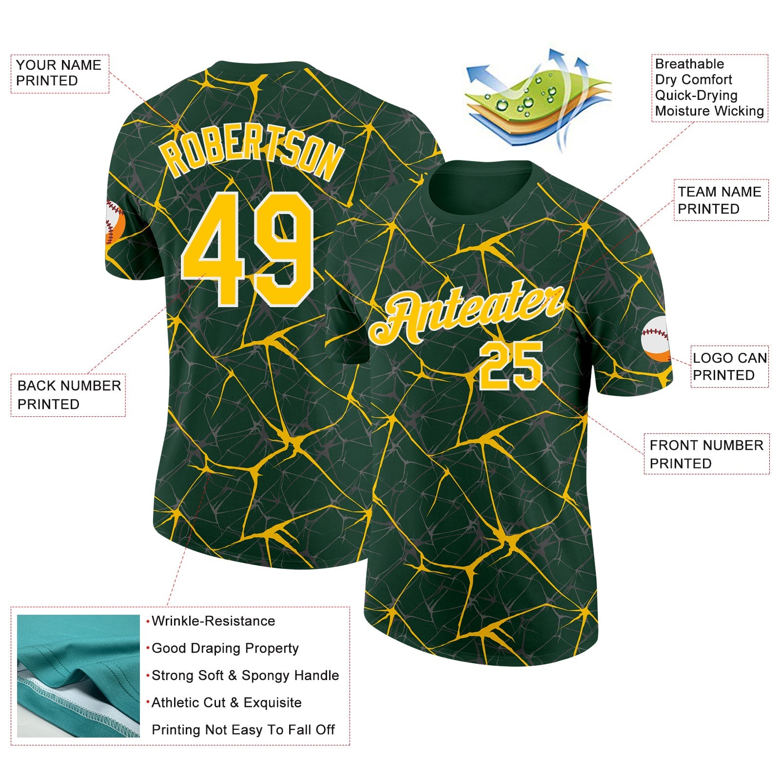 Custom Green Yellow Gray-White Abstract Network Crackle Performance T-Shirt