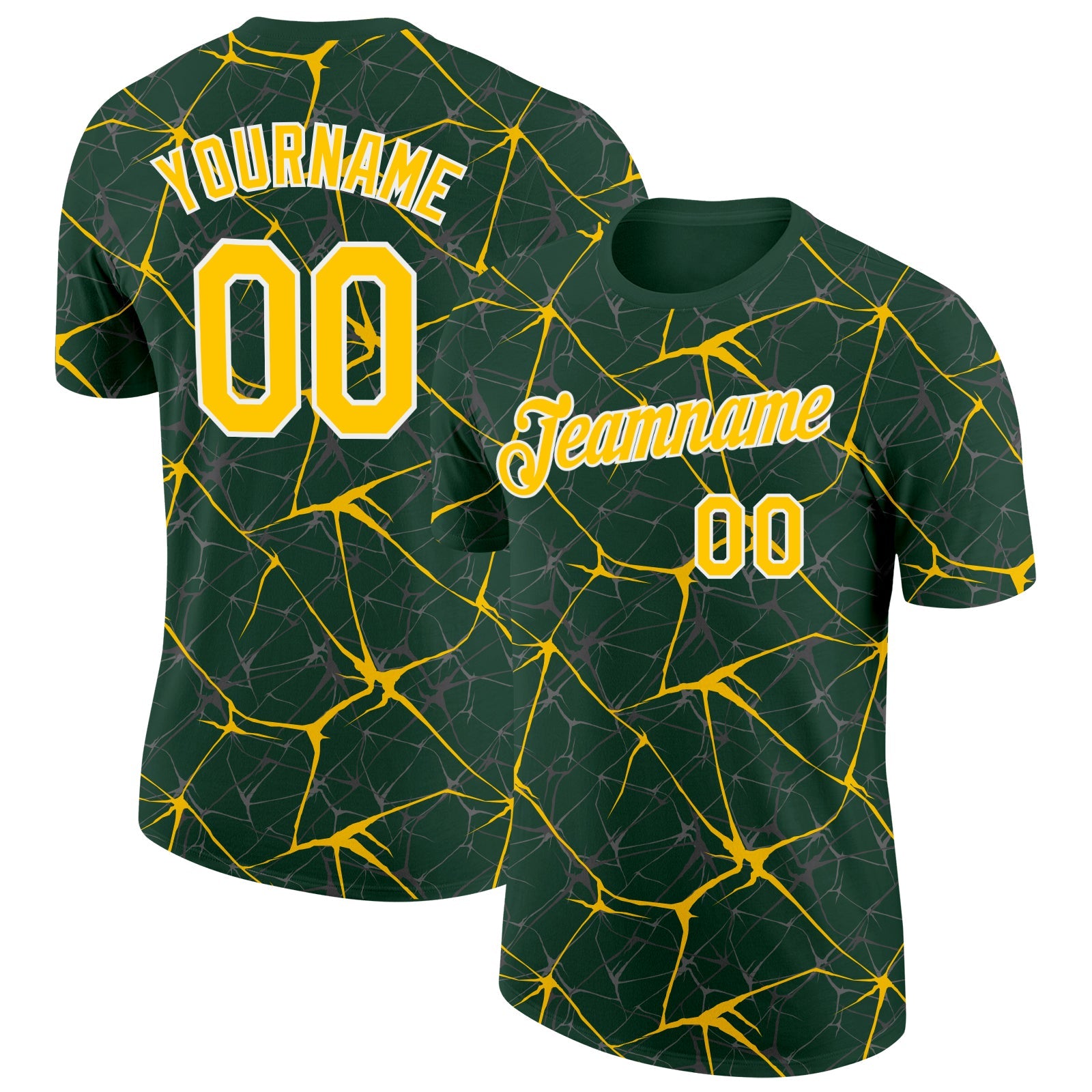 Custom Green Yellow Gray-White Abstract Network Crackle Performance T-Shirt