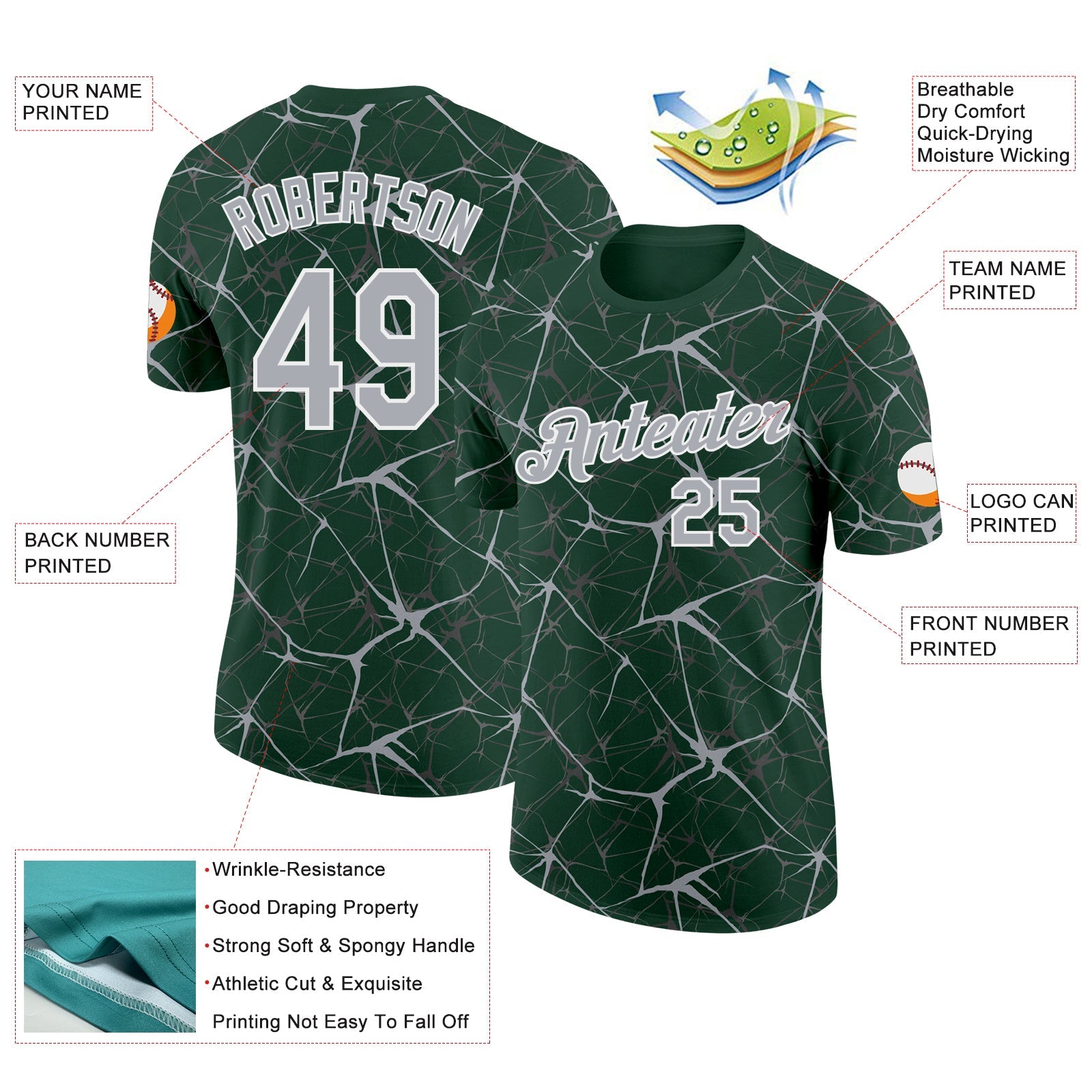 Custom Green Gray-White Abstract Network Crackle Performance T-Shirt