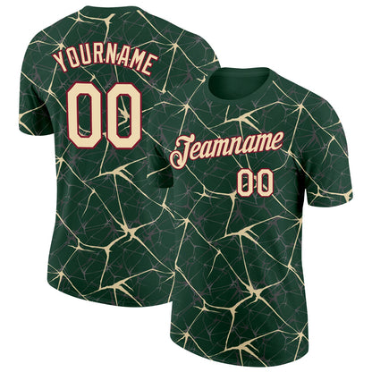Custom Green Cream Gray-Crimson Abstract Network Crackle Performance T-Shirt
