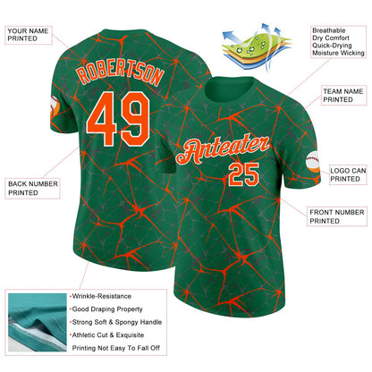 Custom Kelly Green Orange Gray-White Abstract Network Crackle Performance T-Shirt