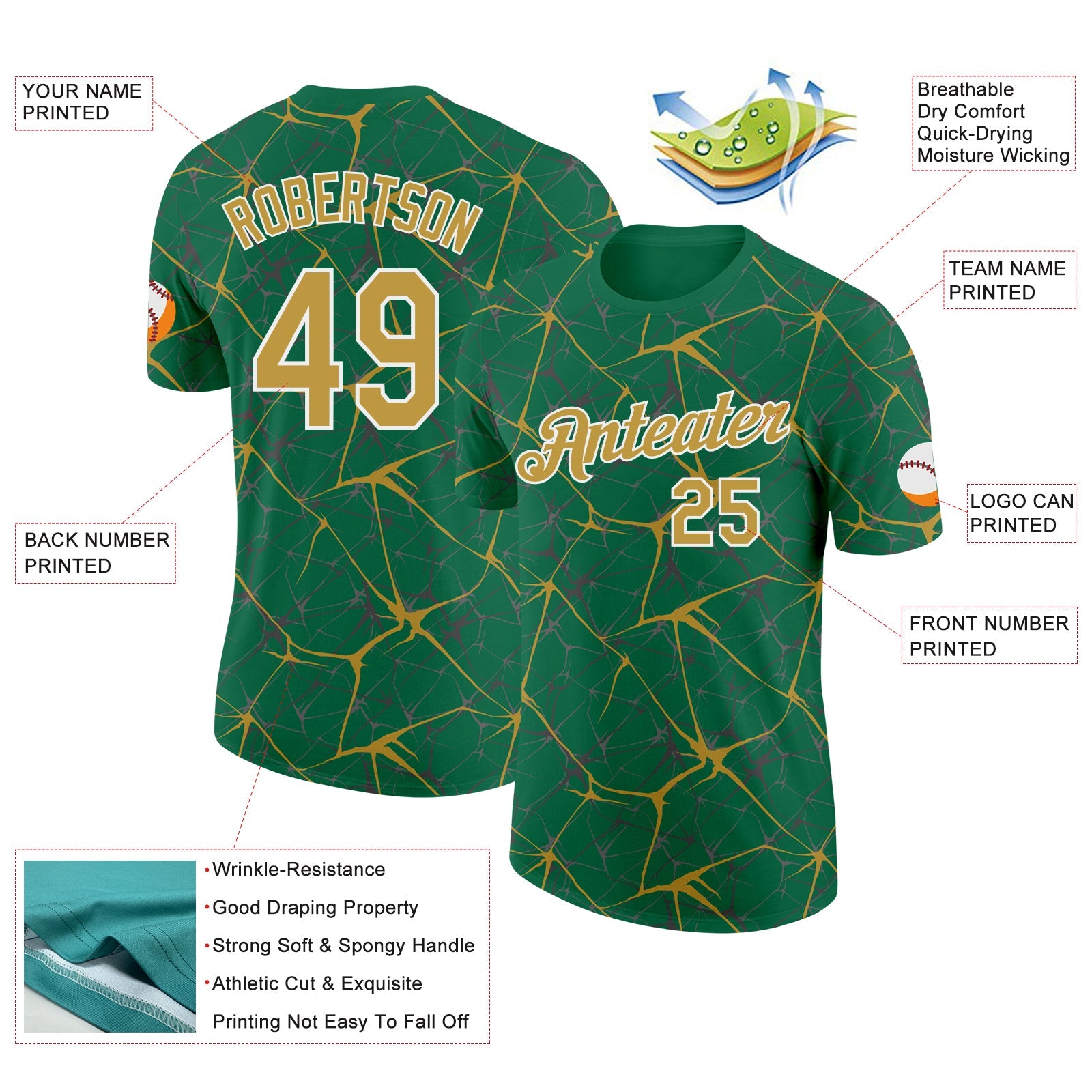 Custom Kelly Green Old Gold Gray-White Abstract Network Crackle Performance T-Shirt