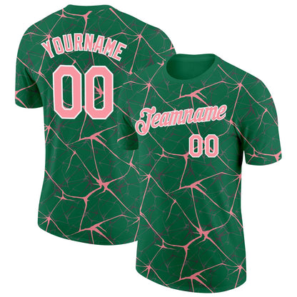 Custom Kelly Green Medium Pink Gray-White Abstract Network Crackle Performance T-Shirt