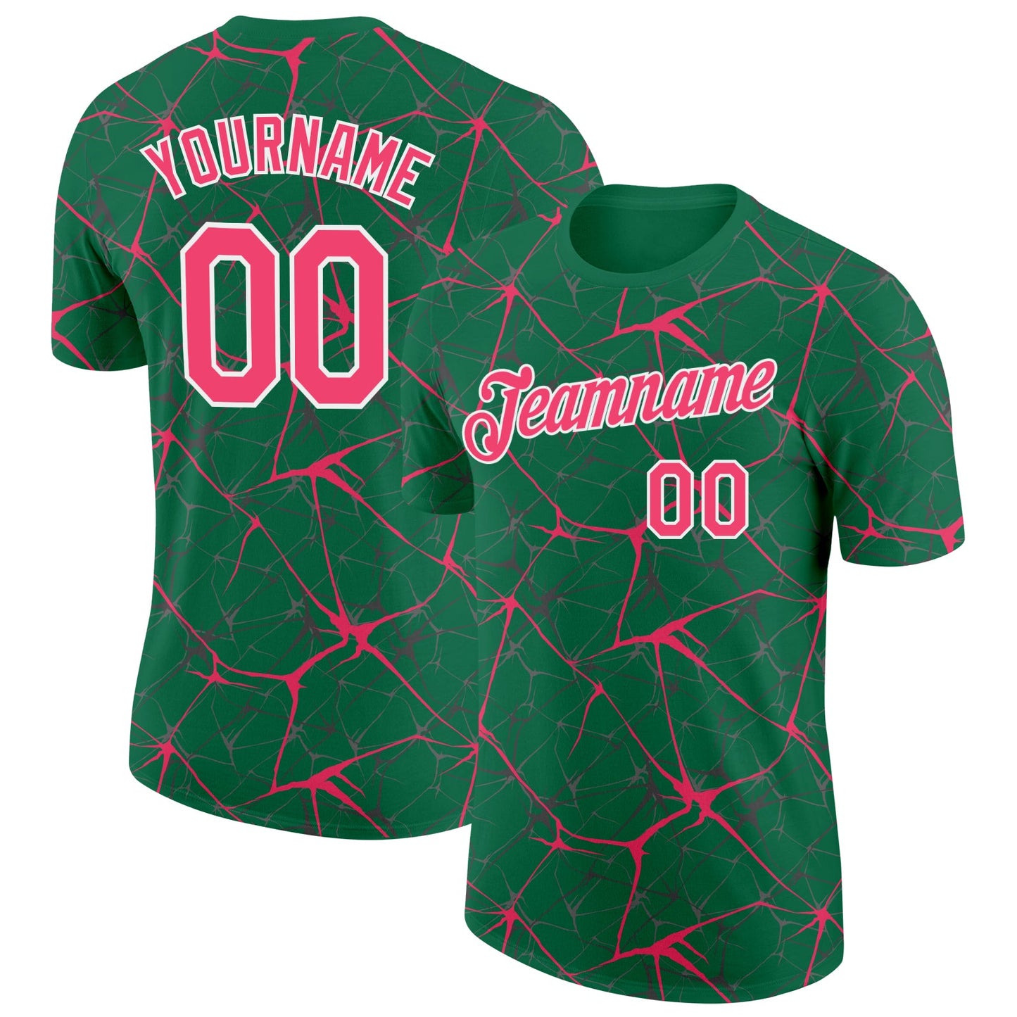Custom Kelly Green Neon Pink Gray-White Abstract Network Crackle Performance T-Shirt