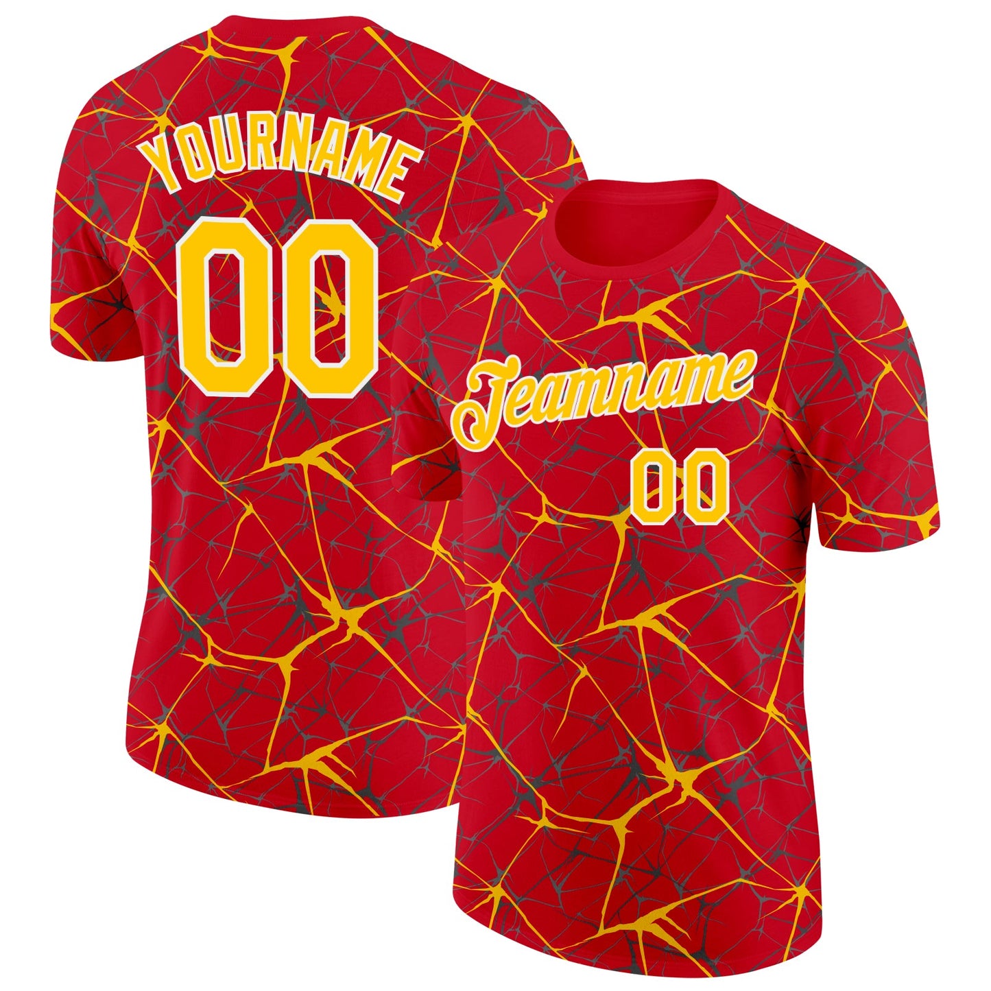 Custom Red Yellow Gray-White Abstract Network Crackle Performance T-Shirt
