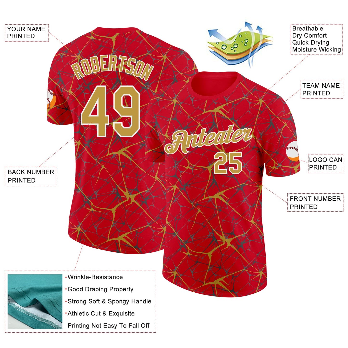 Custom Red Old Gold Gray-White Abstract Network Crackle Performance T-Shirt