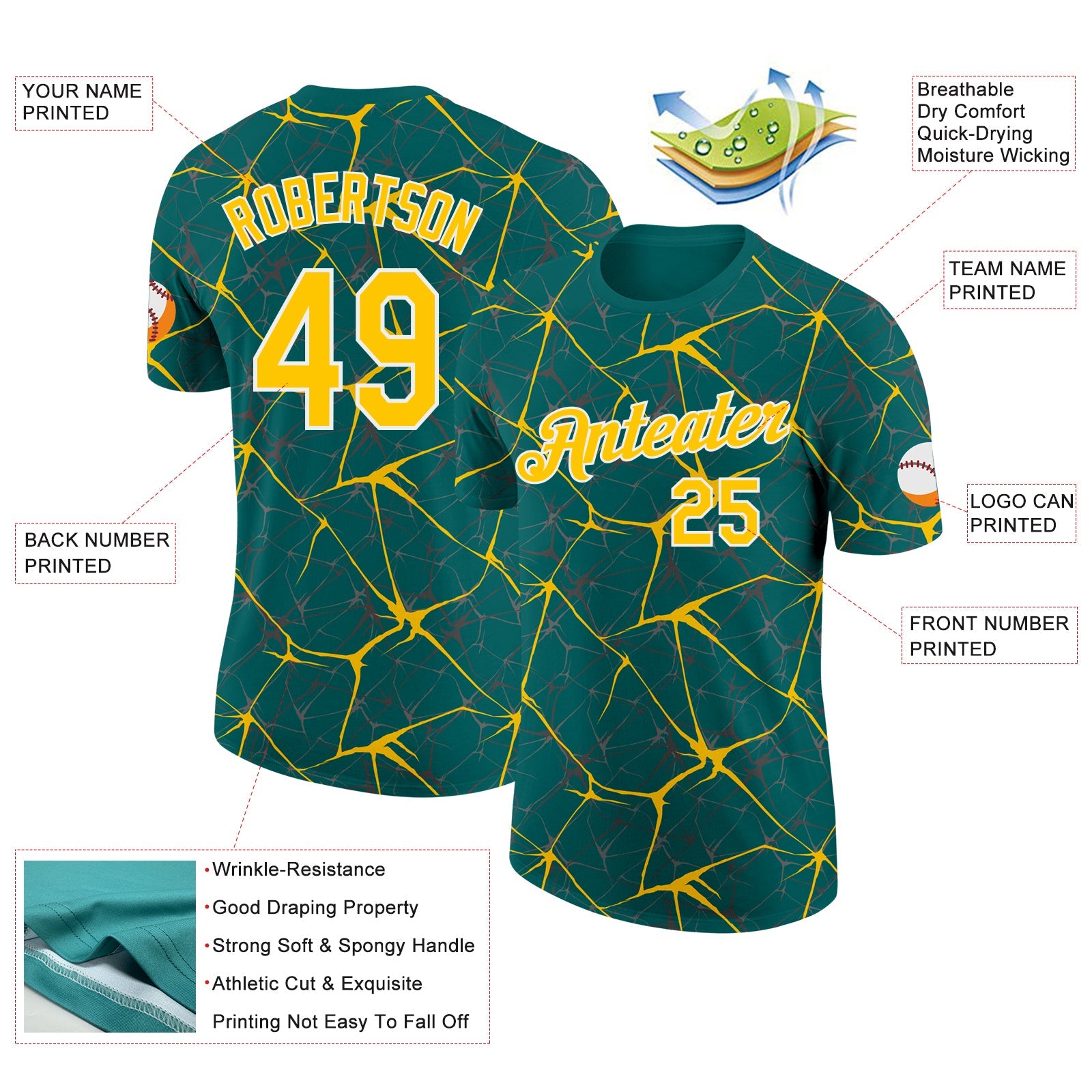 Custom Teal Yellow Gray-White Abstract Network Crackle Performance T-Shirt