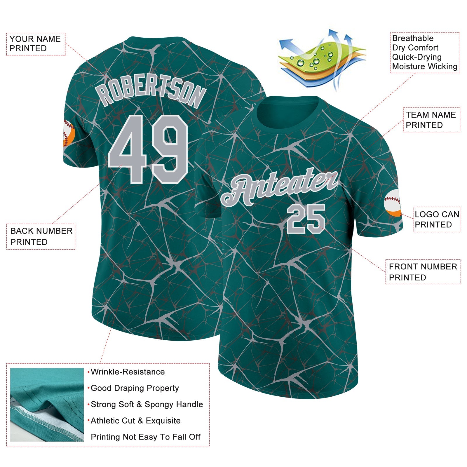 Custom Teal Gray-White Abstract Network Crackle Performance T-Shirt