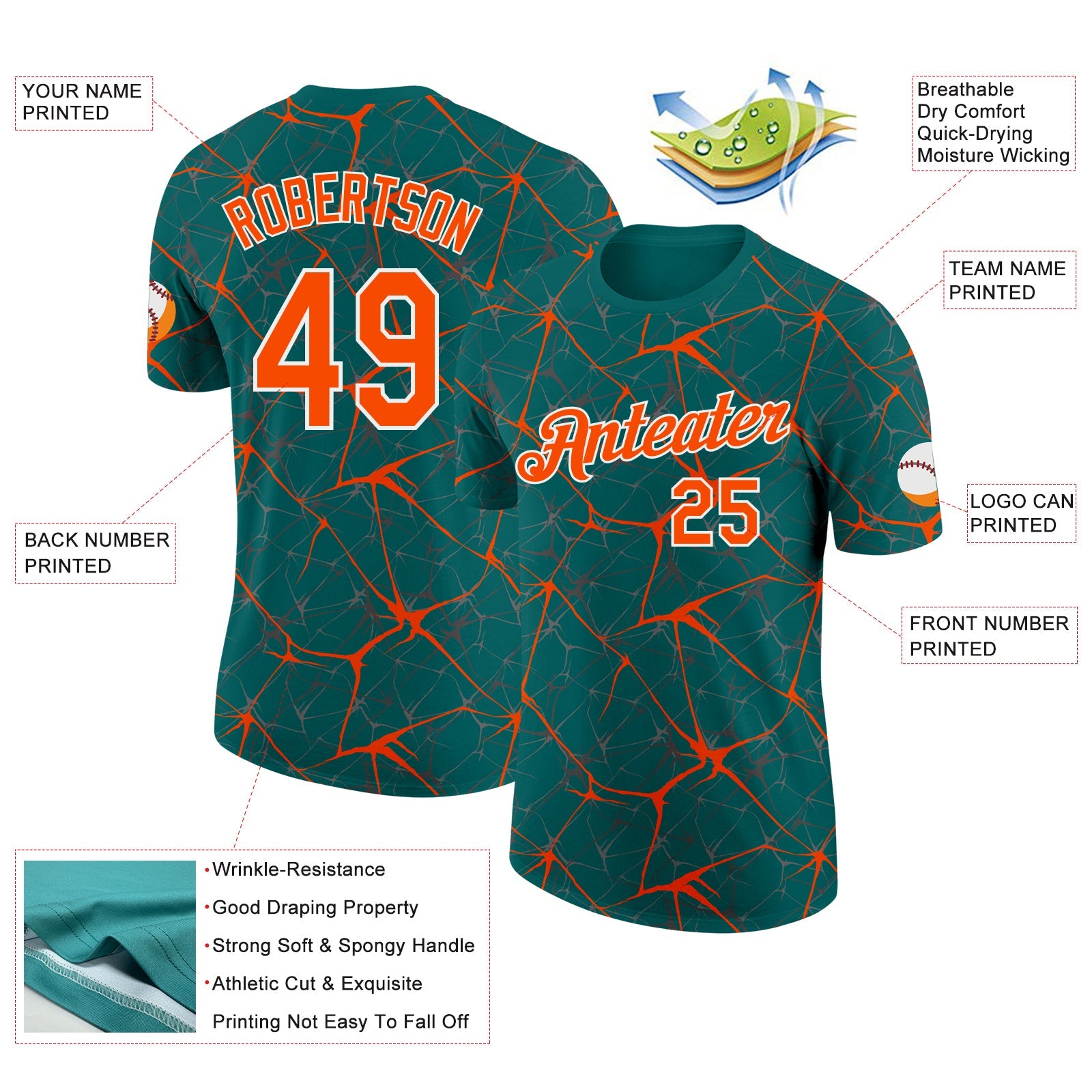 Custom Teal Orange Gray-White Abstract Network Crackle Performance T-Shirt