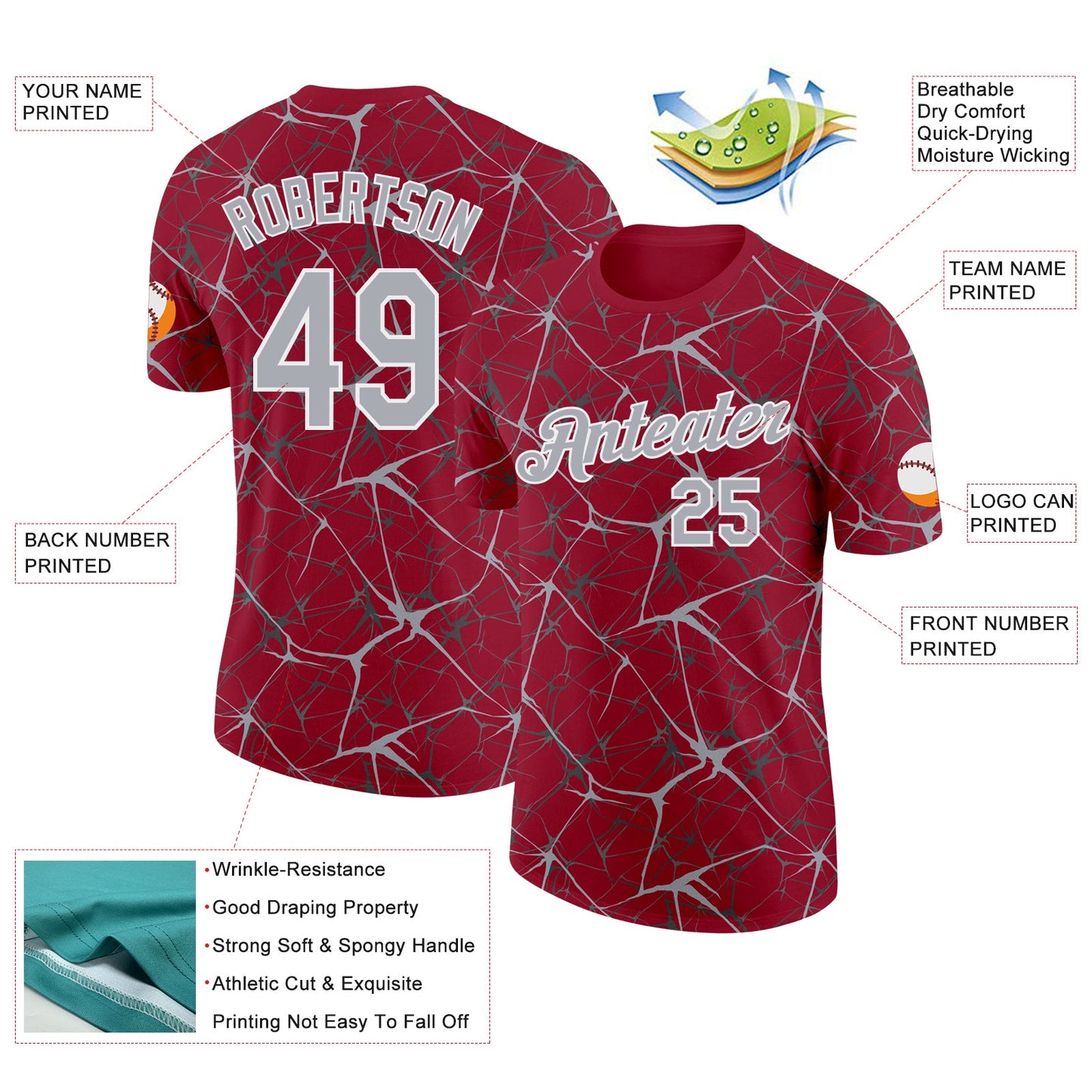 Custom Crimson Gray-White Abstract Network Crackle Performance T-Shirt
